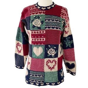 Vintage Crewneck Pullover Knit Sweater Floral Heart Patches Women Size XS Small